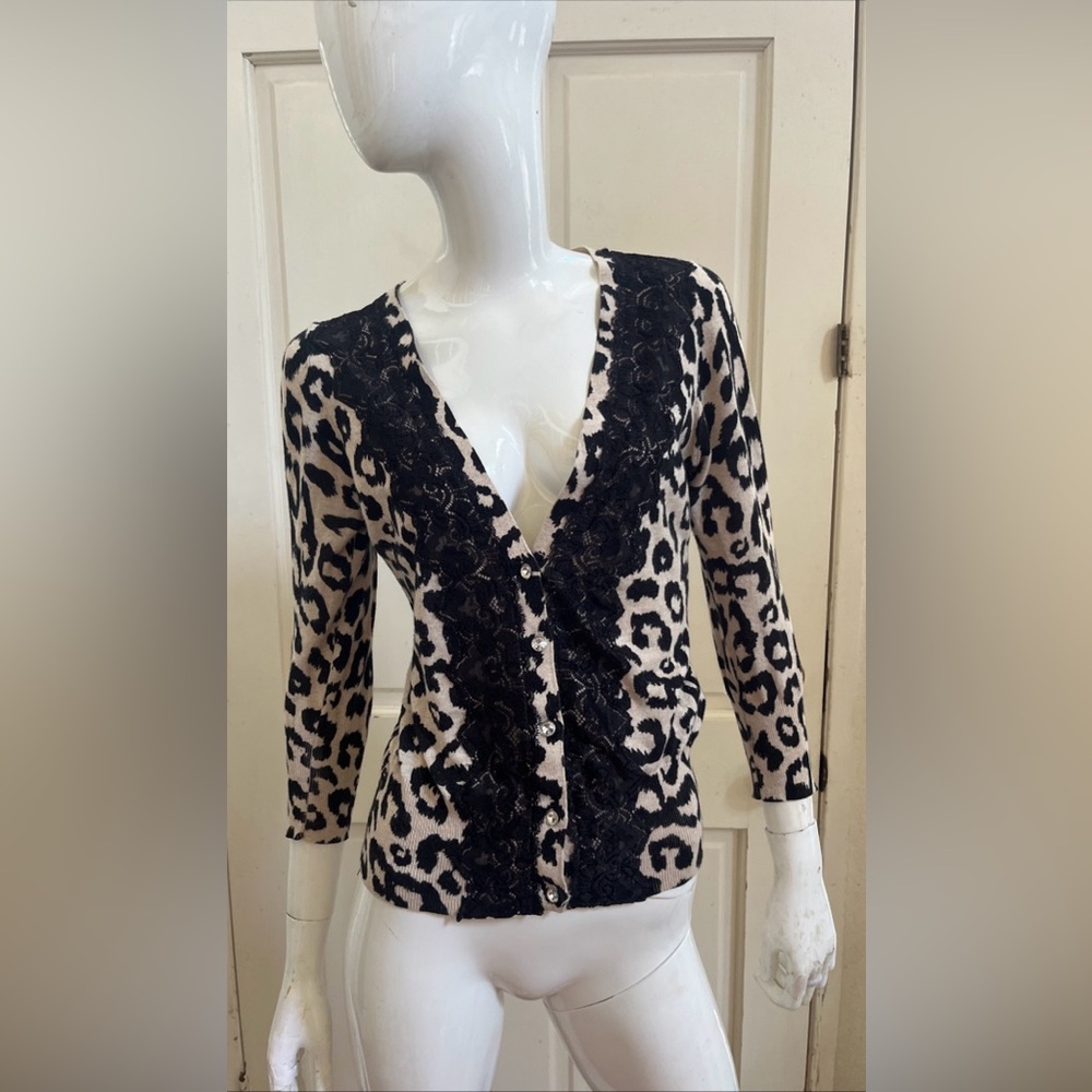 CHARLOTTE TARANTOLA NEW! Leopard Print Cardigan w/ Lace Trim Sz S